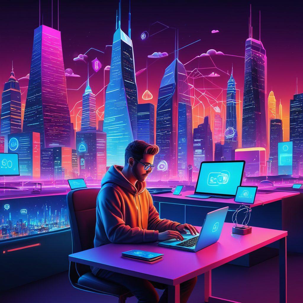 A dynamic digital landscape featuring an array of devices like laptops, tablets, and smartphones, all showcasing interconnected web interfaces and coding elements. Highlight a developer character working on a sleek, modern website, surrounded by icons symbolizing various digital solutions such as SEO, cloud computing, and e-commerce. The backdrop should have a futuristic city with neon lights representing the ever-evolving tech industry. vector art. vibrant colors.