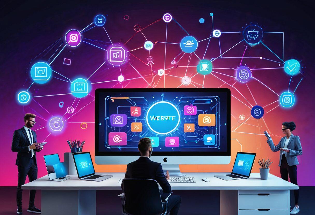 A futuristic digital workspace with a sleek, modern website displayed on multiple devices (laptop, tablet, smartphone). Surround these devices with icons representing e-commerce, digital marketing, and website design tools, interconnected by glowing lines. Add a diverse group of people collaborating and celebrating success in the background. vibrant colors. super-realistic.