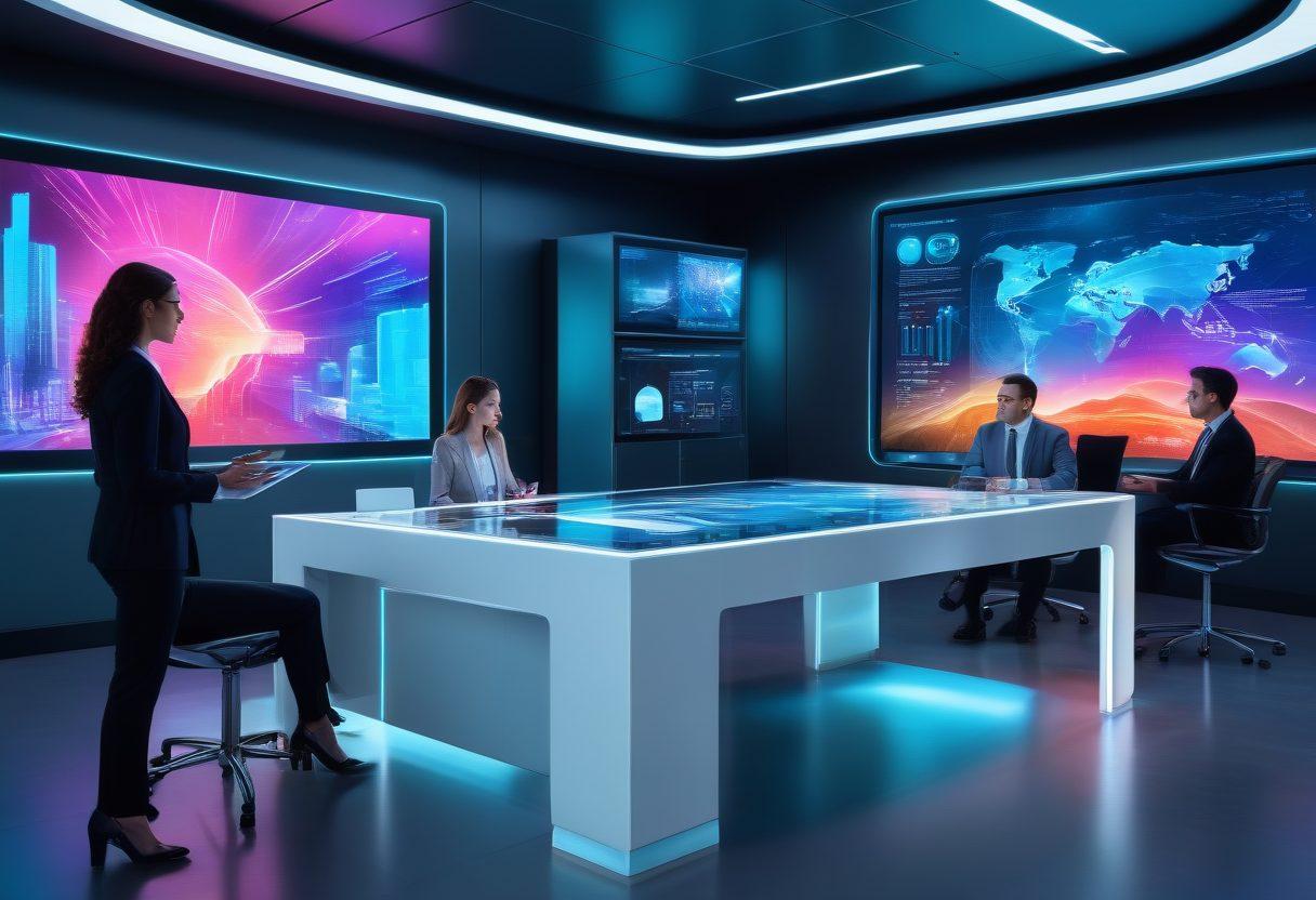 A dynamic, futuristic office space with holographic displays and diverse professionals discussing digital strategies around a large interactive table. Emphasize technology, innovation, and collaboration. The background should feature sleek, modern architecture and digital interfaces. vibrant colors. ultra-modern. super-realistic.